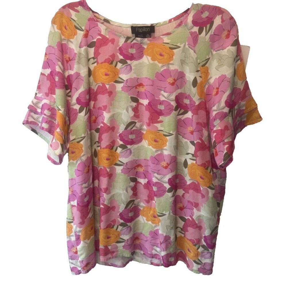 Womens Colorful Floral Layered Cuff Short Sleeve Top XL NEW Coastal Casual Retro